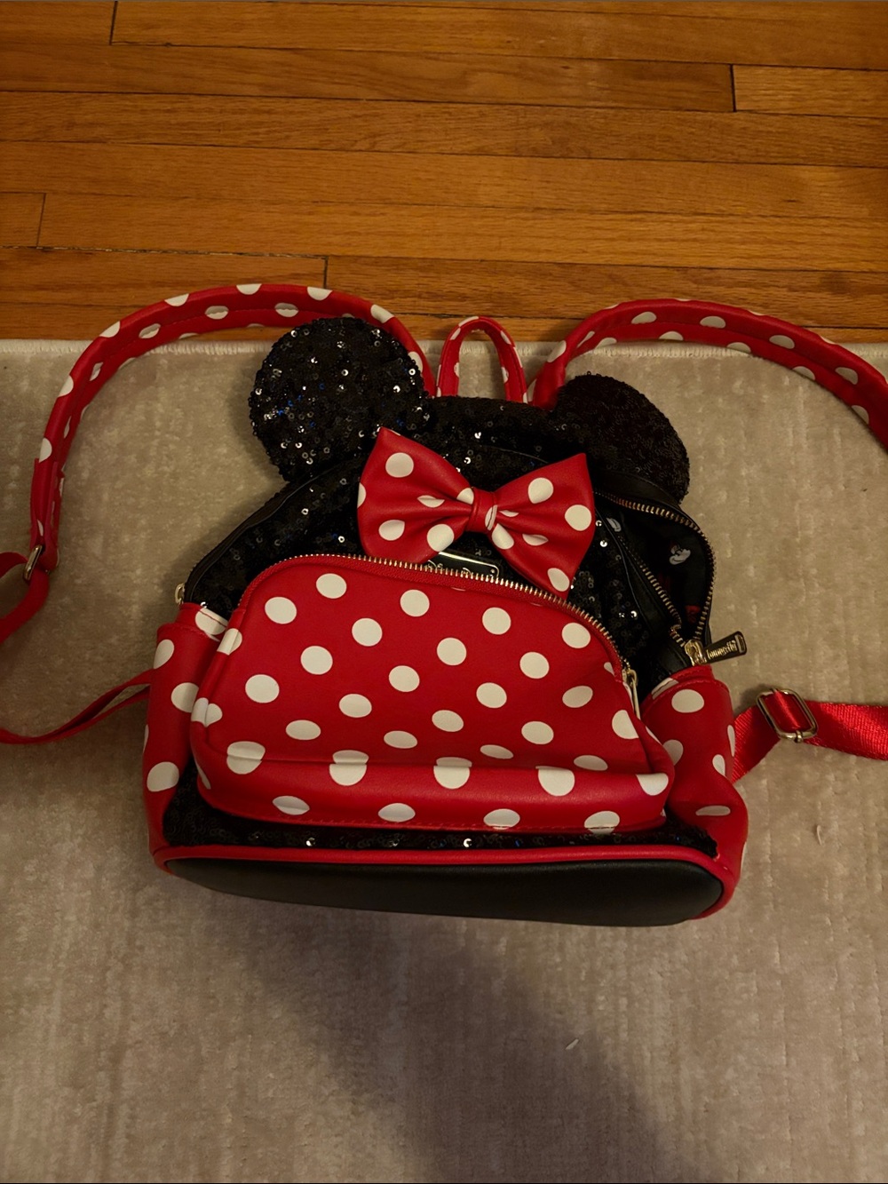 Disney Red and White Polka Dot Minnie Backpack with Sequin Ears